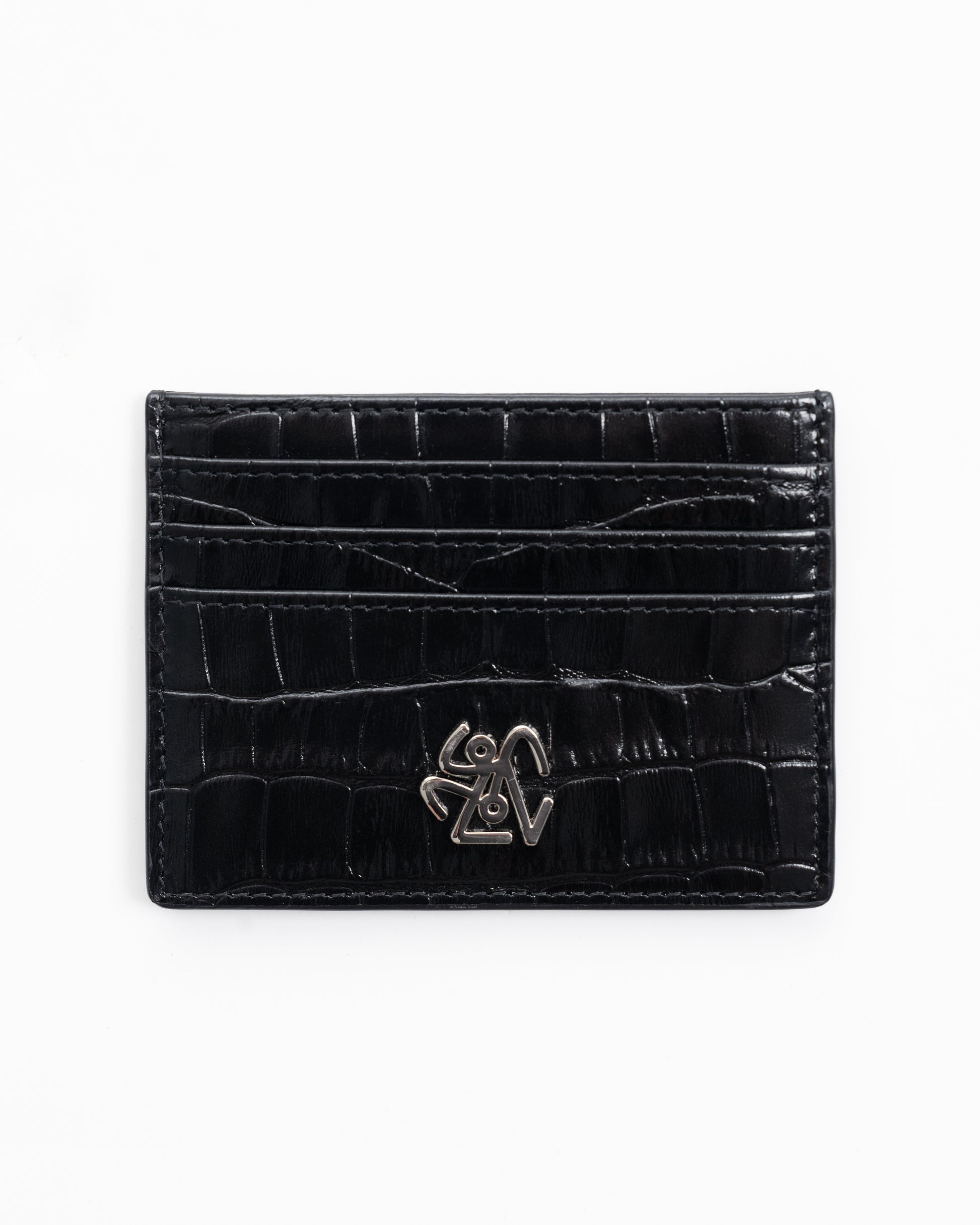 Black crocodile skin cardholder with a silver logo on a white background
