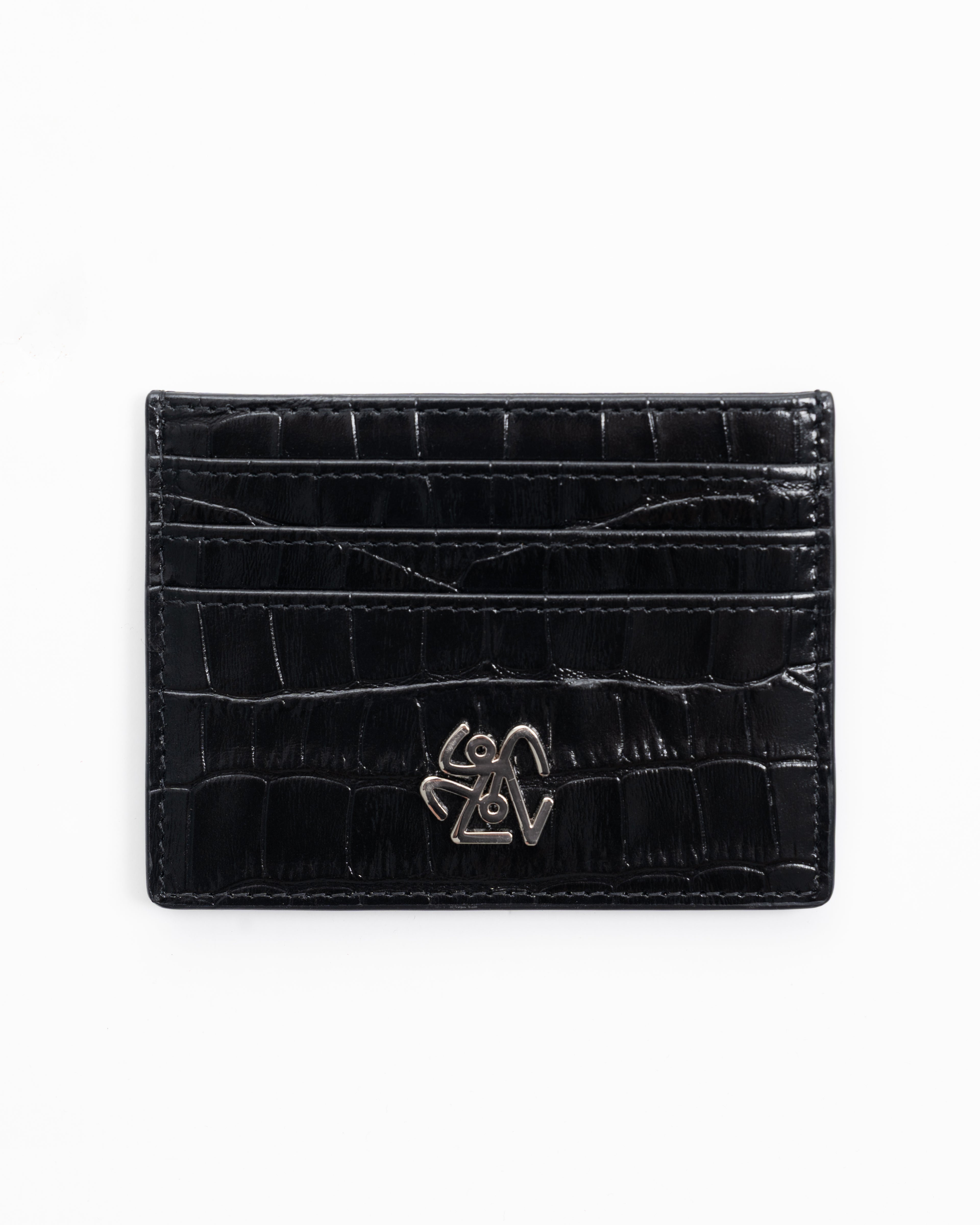 Black crocodile skin cardholder with a silver logo on a white background